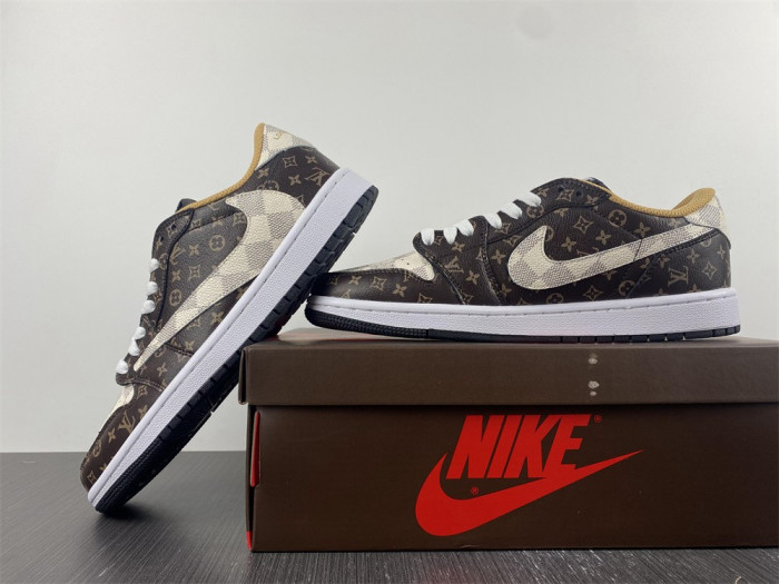 travis scott x nike air jordan 1 low og l0vt monogram brown damier azur dm7866-216